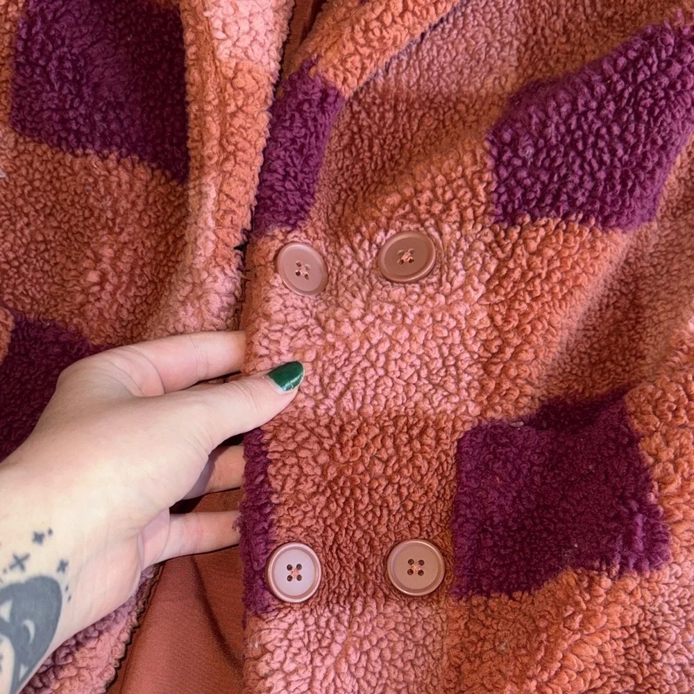 Girl’s Art Class Pink and Purple Checkered Fuzzy Trench Coat